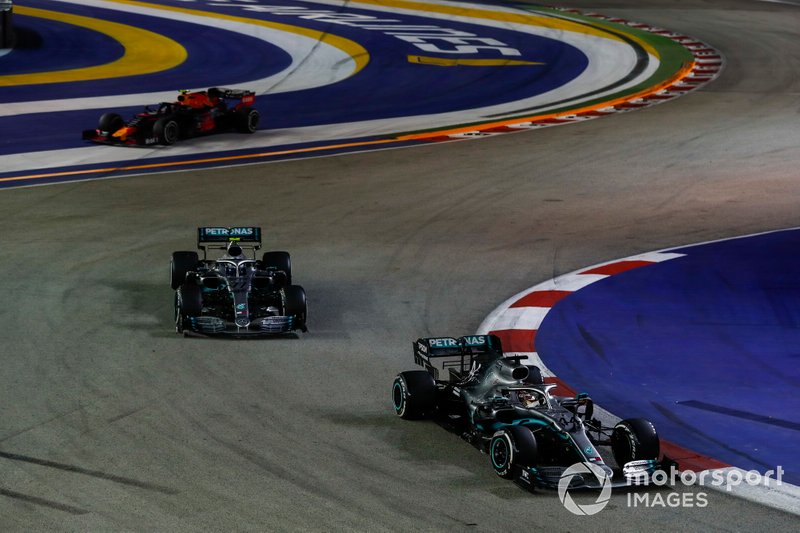 Lewis Hamilton, Mercedes AMG F1 W10, leads Valtteri Bottas, Mercedes AMG W10
