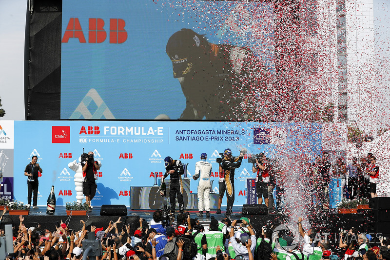 Jean-Eric Vergne, Techeetah, Andre Lotterer, Techeetah, Sébastien Buemi, Renault e.Dams celebrate on the podium