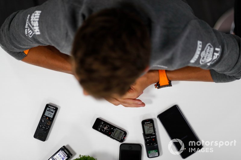 Lando Norris, McLaren, talks to the media
