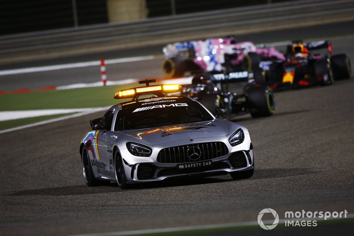 The Safety Car Lewis Hamilton, Mercedes F1 W11, Max Verstappen, Red Bull Racing RB16, and Sergio Perez, Racing Point RP20
