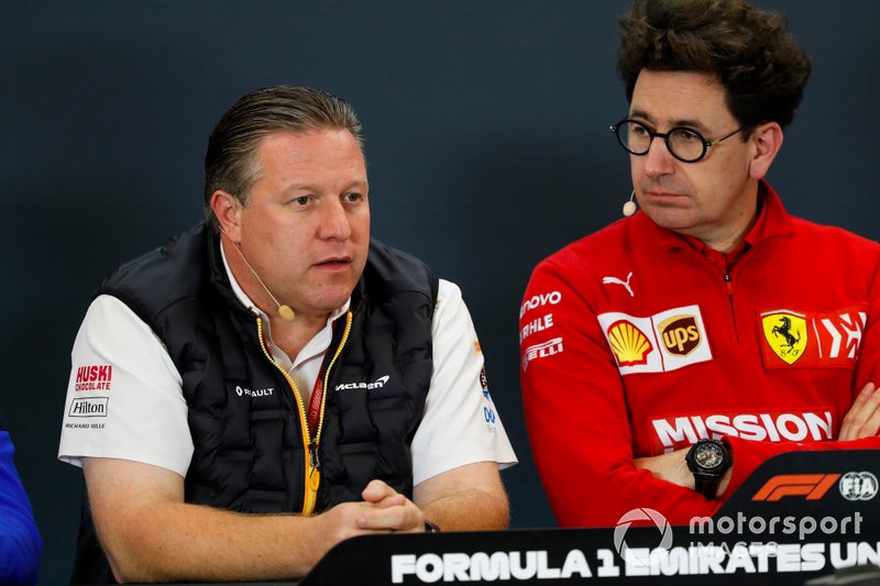 Zak Brown, Executive Director, McLaren, and Mattia Binotto, Team Principal Ferrari