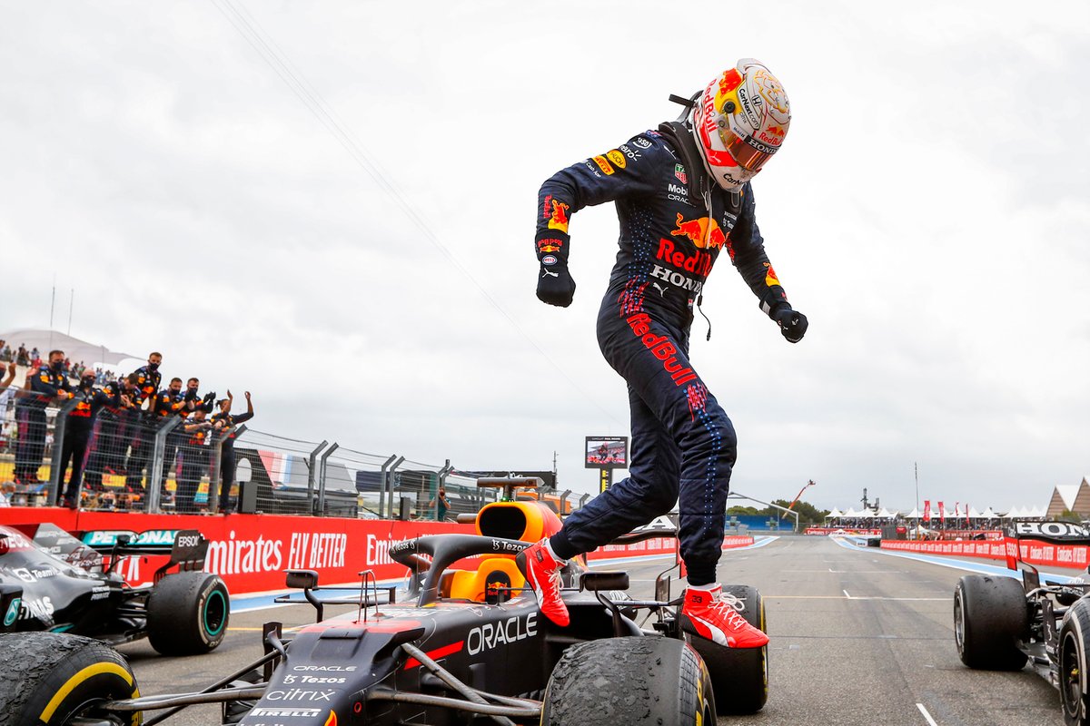 Max Verstappen, Red Bull Racing, 1st position, celebrates upon arrival in Parc Ferme
