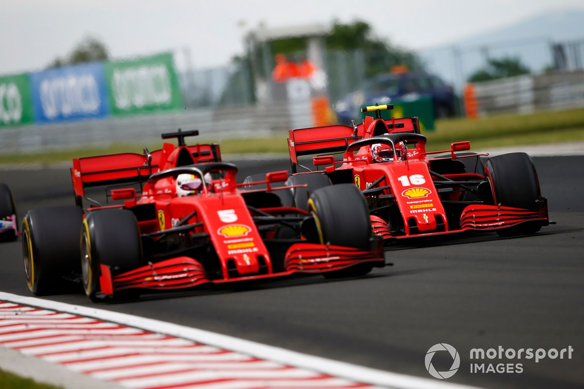 Sebastian Vettel, Ferrari SF1000, leads Charles Leclerc, Ferrari SF1000