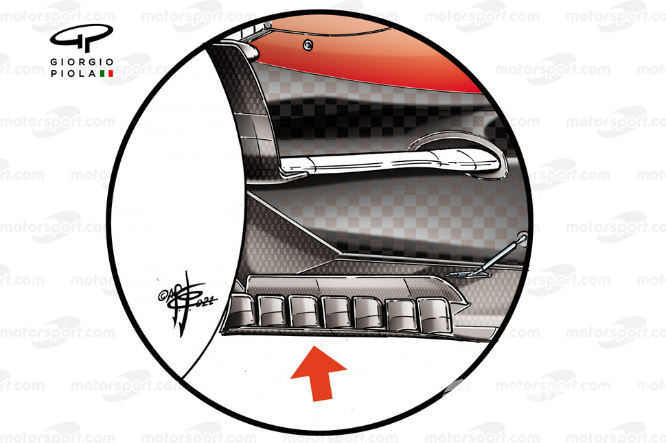 Detalle del suelo modificado del Ferrari SF21, que no se utilizará en España