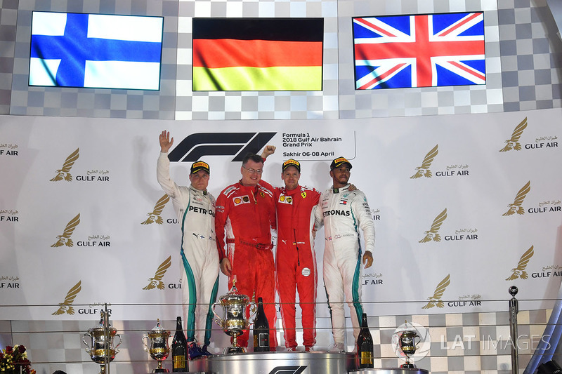 Podium: race winner Sebastian Vettel, Ferrari, second place Valtteri Bottas, Mercedes-AMG F1, third place Lewis Hamilton, Mercedes AMG F1