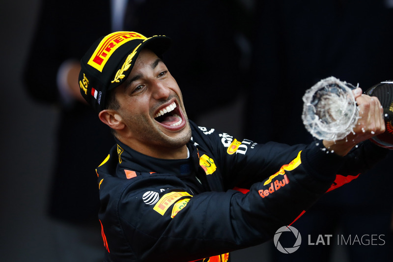 Race winner Daniel Ricciardo, Red Bull Racing, spray champagne on the podium