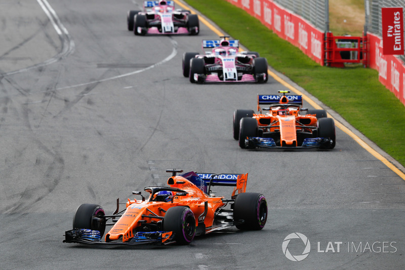 Fernando Alonso, McLaren MCL33 Renault, Stoffel Vandoorne, McLaren MCL33 Renault, Sergio Perez, Force India VJM11 Mercedes, Esteban Ocon, Force India VJM11 Mercedes