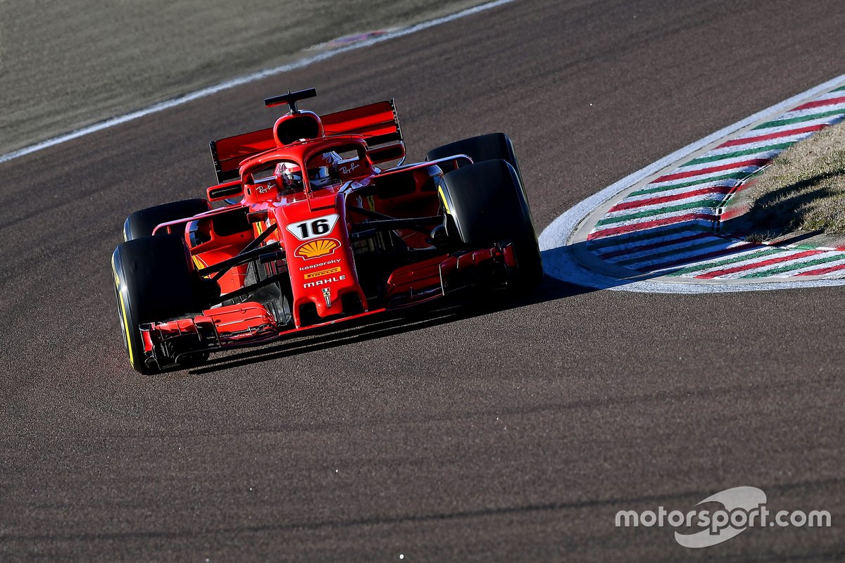Pembalap Scuderia Ferrari, Charles Leclerc, saat memacu mobil SF71H dalam tes privat yang digelar timnya di Sirkuit Fiorano, Italia.