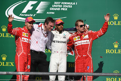 Race winner Lewis Hamilton, Mercedes AMG F1, second place Sebastian Vettel, Ferrari, third place Kimi Raikkonen, Ferrari