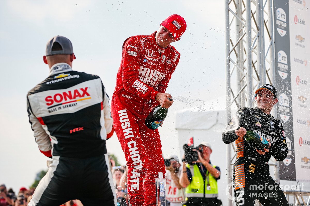 Marcus Ericsson, Chip Ganassi Racing Honda celebrates his first win, Rinus VeeKay, Ed Carpenter Racing Chevrolet, Patricio O'Ward, Arrow McLaren SP Chevrolet