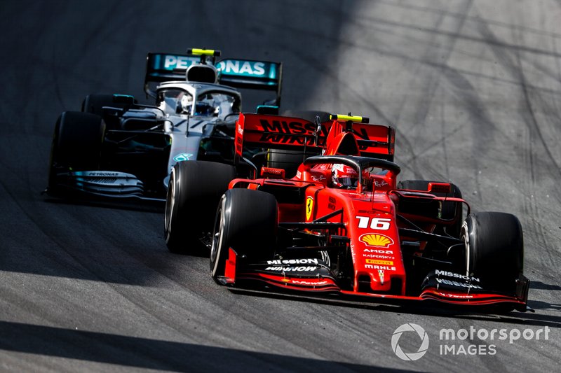 Charles Leclerc, Ferrari SF90 and Valtteri Bottas, Mercedes AMG W10 battle