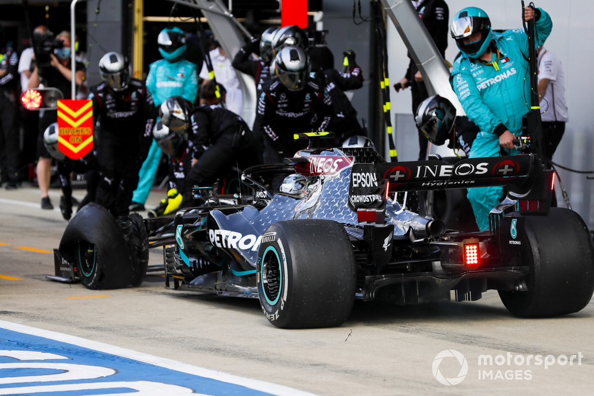Valtteri Bottas, Mercedes F1 W11 EQ Performance coming in for a pitsop after getting a puncture