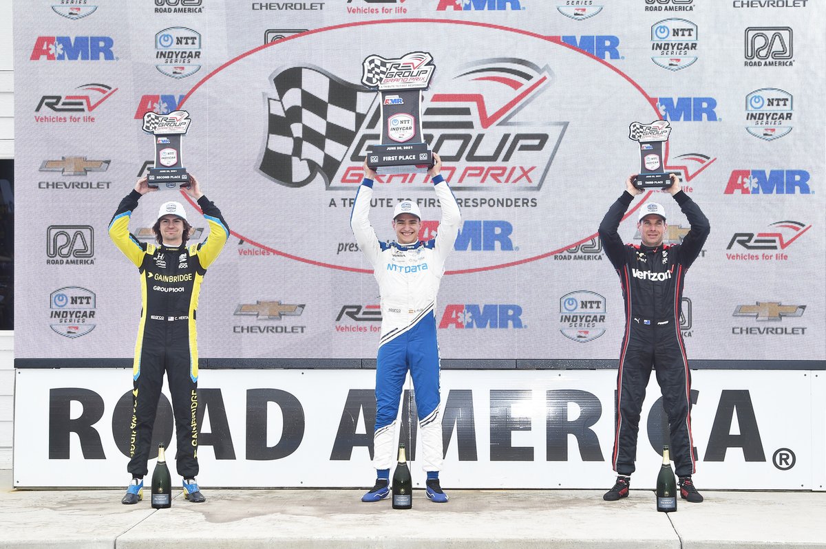 Colton Herta, Andretti Autosport Honda, Race winner Alex Palou, Chip Ganassi Racing Honda, Will Power, Team Penske Chevrolet