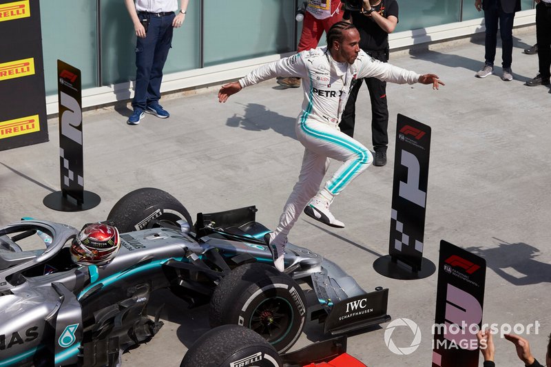 Lewis Hamilton, Mercedes AMG F1, 1st position, celebrates on arrival in Parc Ferme