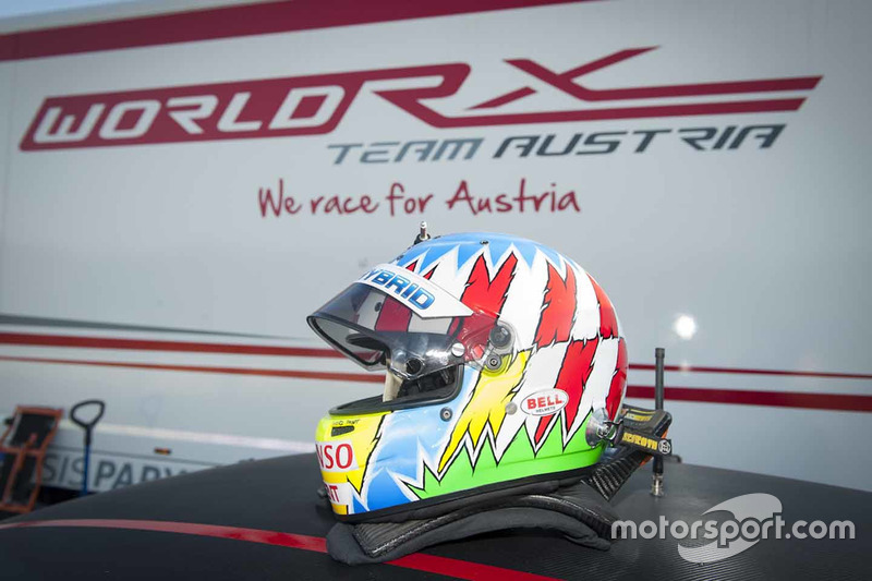 Helmet of Alexander Wurz during a World RX Team Austria Ford Fiesta test