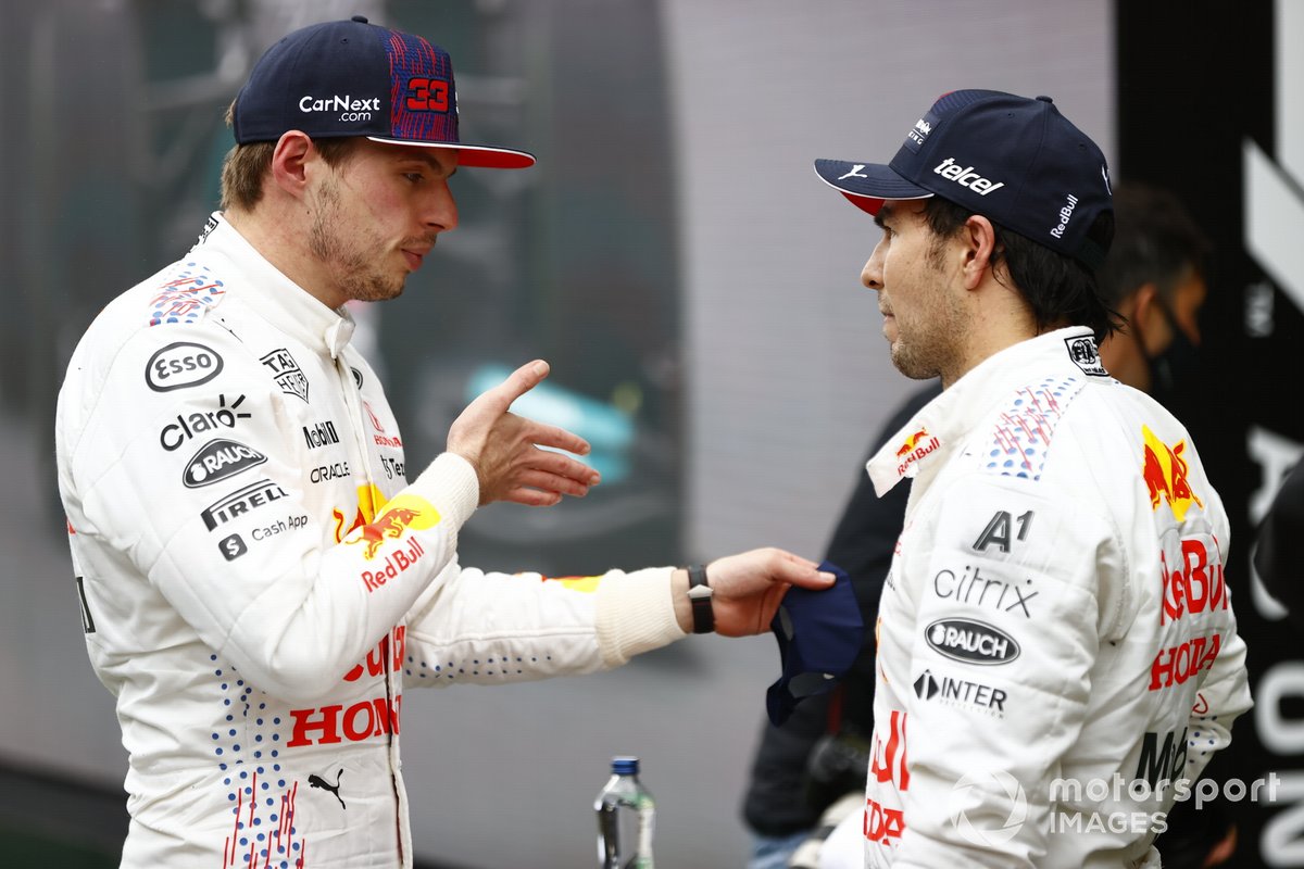 Max Verstappen, Red Bull Racing, 2nd position, and Sergio Perez, Red Bull Racing