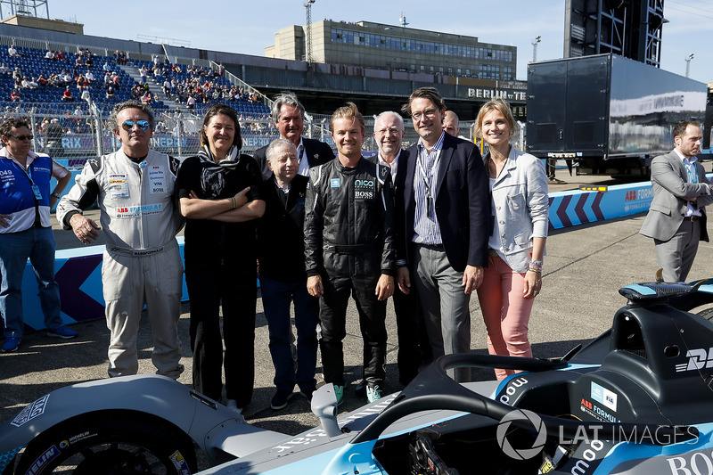 Jean Todt, FIA President, Alejandro Agag, CEO, Formula E, Nico Rosberg, Formula 1 World Champion, Formula E investor, with the new Gen2 Formula E Car
