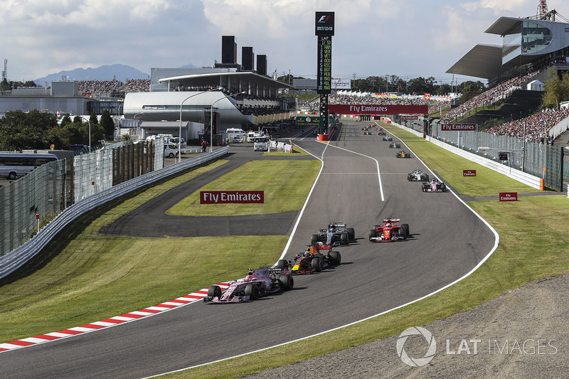 Esteban Ocon, Sahara Force India VJM10, Daniel Ricciardo, Red Bull Racing RB13, Valtteri Bottas, Mercedes-Benz F1 W08 and Sebastian Vettel, Ferrari SF70H