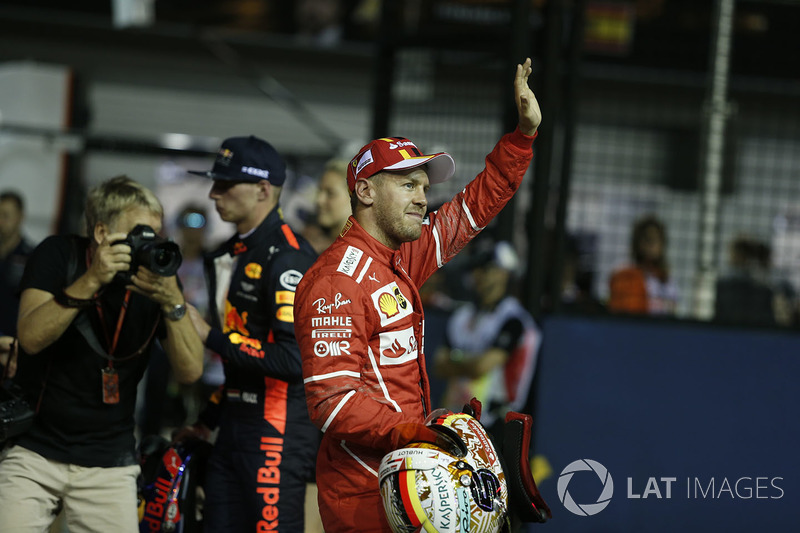 Pole sitter Sebastian Vettel, Ferrari celebrates in parc ferme