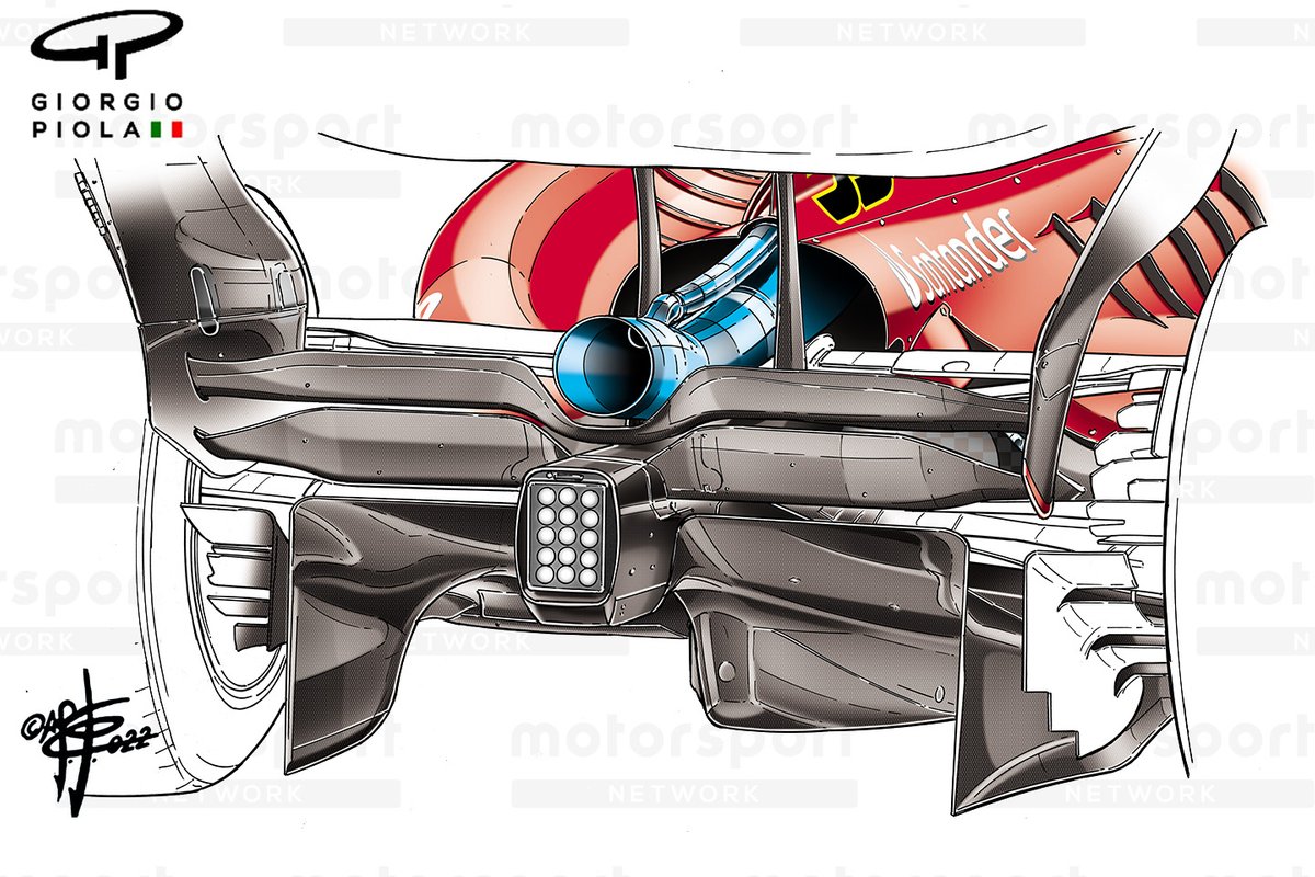 Detalle del difusor del Ferrari F1-75 con una quilla de carbono adherida