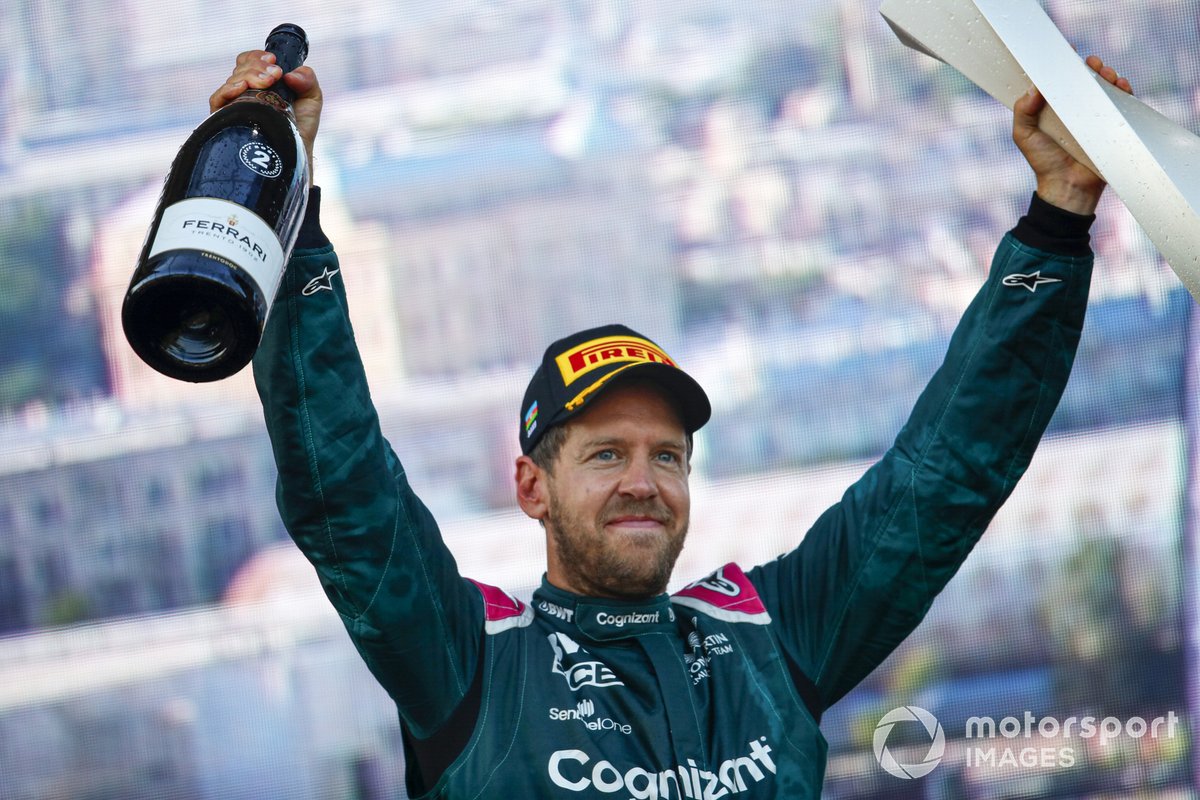 Sebastian Vettel, Aston Martin, 2nd position, celebrates on the podium