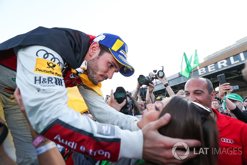 Daniel Abt, Audi Sport ABT Schaeffler, wins the Berlin ePrix, celebrates by kissing his girlfriend