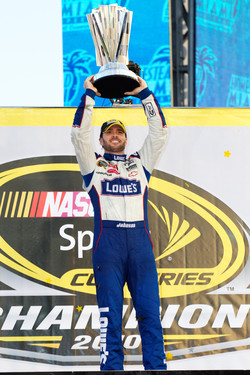 Championship victory lane: NASCAR Sprint Cup Series 2010 champion Jimmie Johnson, Hendrick Motorsports Chevrolet celebrates