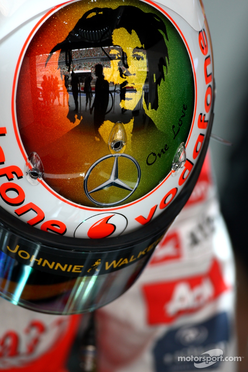 Lewis Hamilton, McLaren Mercedes new helmet with Bob Marley