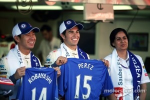Kamui Kobayashi, Sauber F1 Team with team mate Sergio Perez, Sauber F1 Team and Monisha Kaltenborn, Sauber F1 Team Managing Director