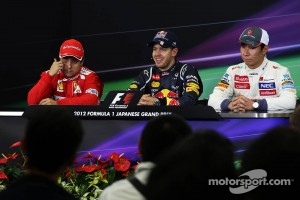 The FIA Press Conference, Felipe Massa, Ferrari, second; Sebastian Vettel, Red Bull Racing, race winner, Kamui Kobayashi, Sauber, third