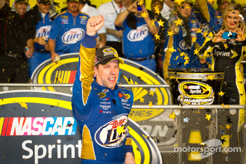 Championship victory lane: 2012 NASCAR Sprint Cup Series champion Brad Keselowski, Penske Racing Dodge celebrates