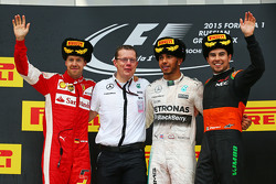 Podium: second place Sebastian Vettel, Ferrari and winner Lewis Hamilton, Mercedes AMG F1 and third
