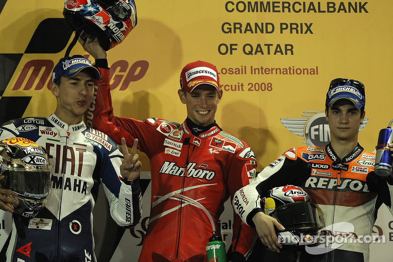 2008: 1. Casey Stoner, 2. Jorge Lorenzo, 3. Dani Pedrosa