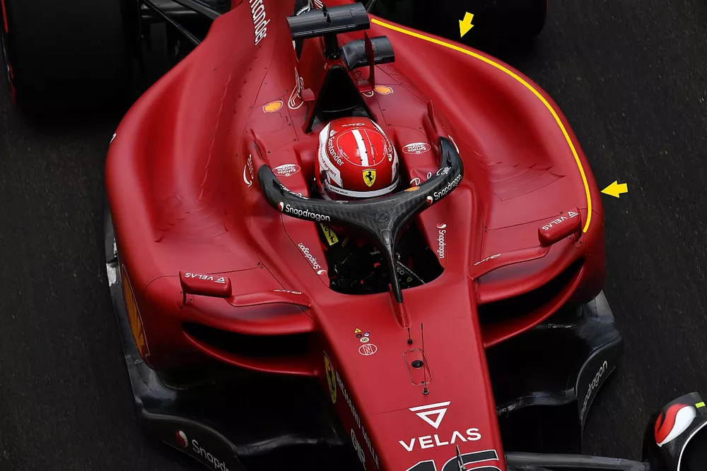 Detalle de los pontones del Ferrari F1-75 de Charles Leclerc