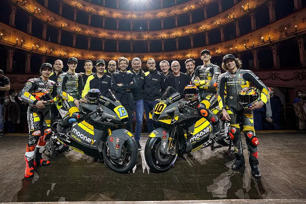 Luca Marini, Marco Bezzecchi, Celestino Vietti, Niccolo Antonelli, VR46 Racing Team with Valentino Rossi, VR46 Racing Team owner and team members

