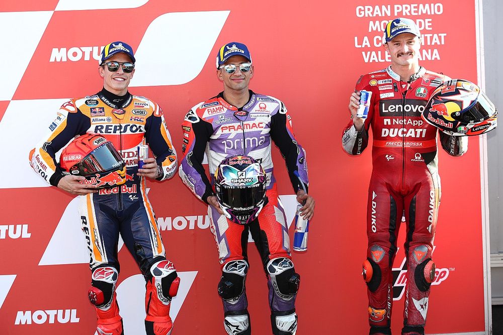 Top3 de la clasificación: segundo Marc Márquez, Repsol Honda Team, ganador de la pole Jorge Martin, Pramac Racing , tercero  Jack Miller, Ducati Team