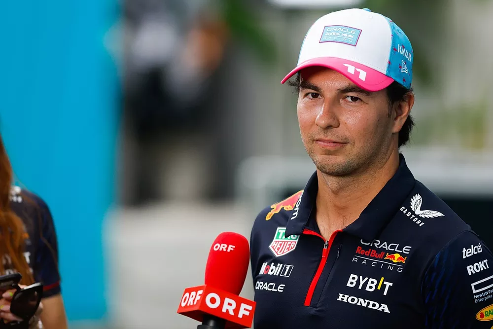 Sergio Perez, Red Bull Racing speaks to the media