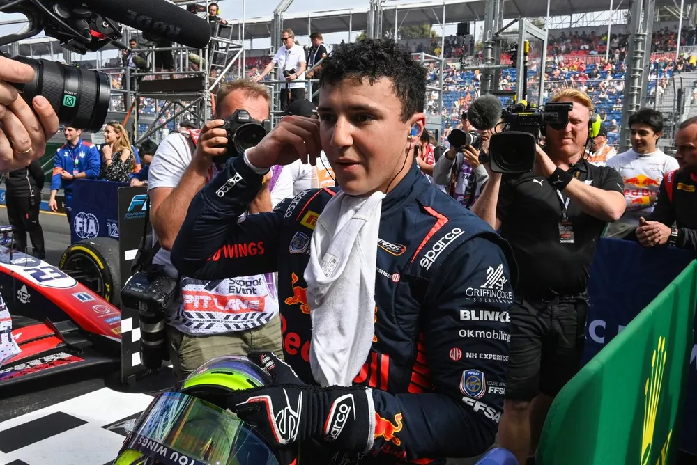 Isack Hadjar, Campos Racing celebrates  in parc ferme
