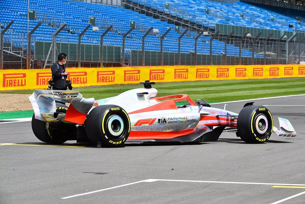 The 2022 Formula 1 car launch event on the Silverstone grid. Rear three-quarter detail