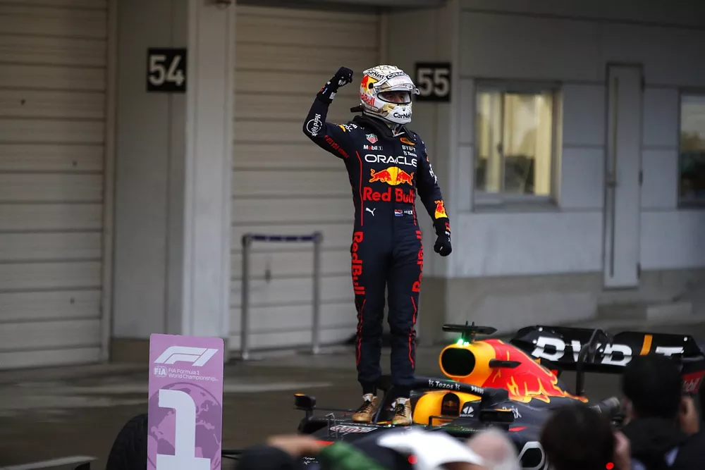 Max Verstappen, Red Bull Racing, 1st position, celebrates in Parc Ferme