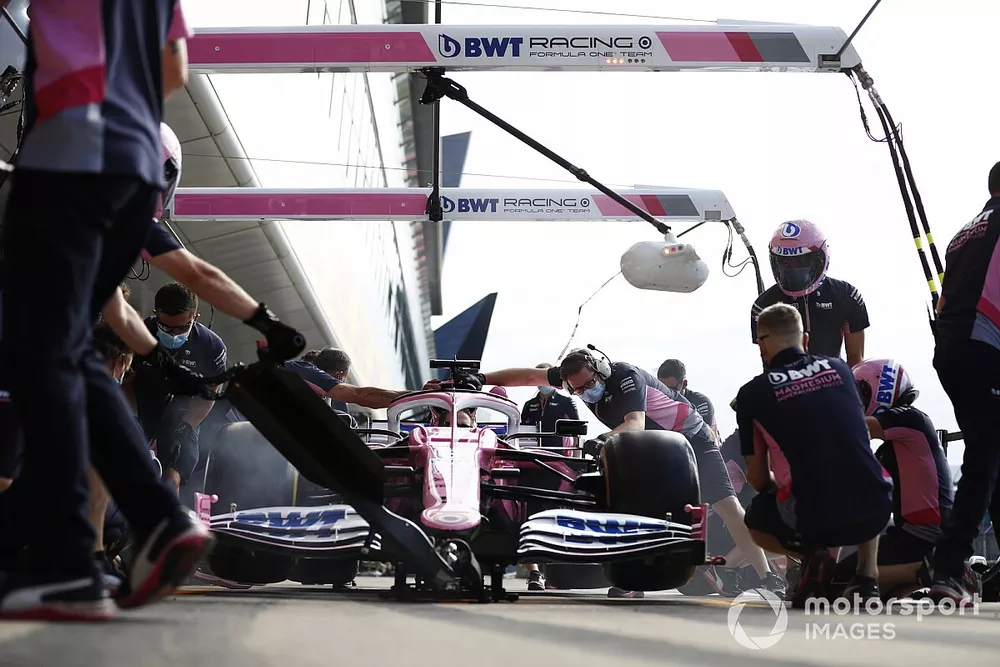 The Racing Point team practice a pit stop with the Nico Hulkenberg Racing Point RP20 
