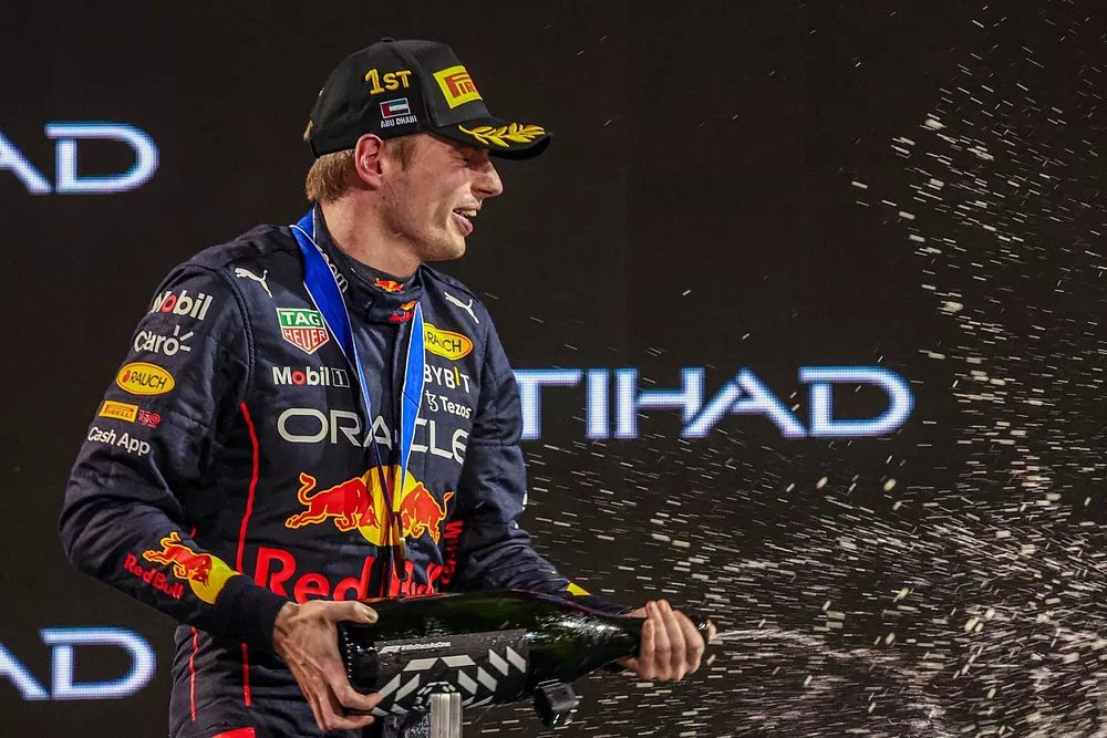 Max Verstappen, Red Bull Racing, 1st position, sprays the victory Champagne