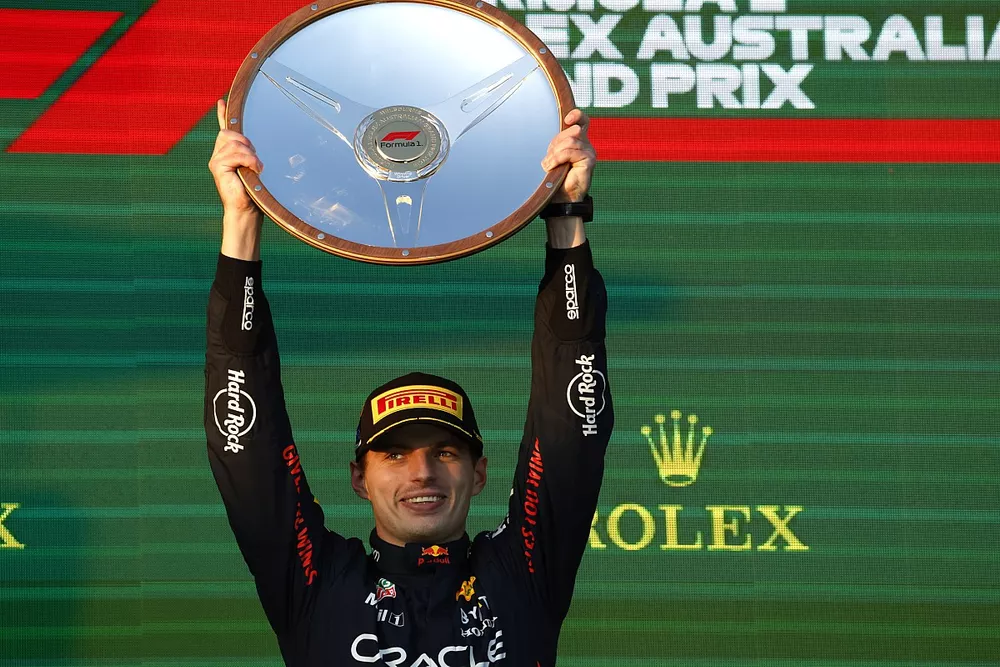 Max Verstappen, Red Bull Racing, 1st position, lifts his trophy