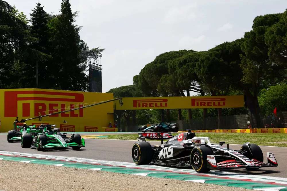 Kevin Magnussen, Haas VF-24, leads Valtteri Bottas, Stake F1 Team Kick Sauber C44, and Zhou Guanyu, Stake F1 Team Kick Sauber C44