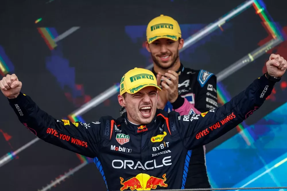 Max Verstappen, Red Bull Racing, 1st position, celebrates on the podium 