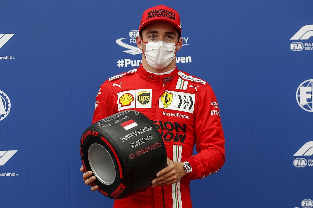 Charles Leclerc, Ferrari, with the Pirelli Pole Position award