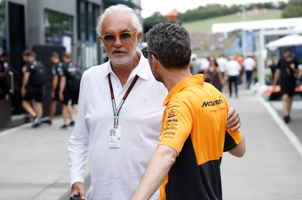 Flavio Briatore, Executive Advisor, Alpine F1, and Andrea Stella, Team Principal, McLaren F1 Team, in the paddock