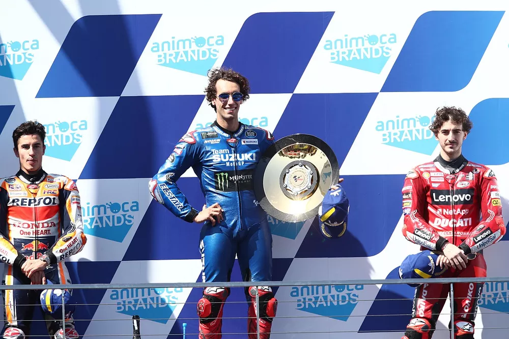 Alex Rins, Team Suzuki MotoGP, Marc Marquez, Repsol Honda Team, Francesco Bagnaia, Ducati Team podium