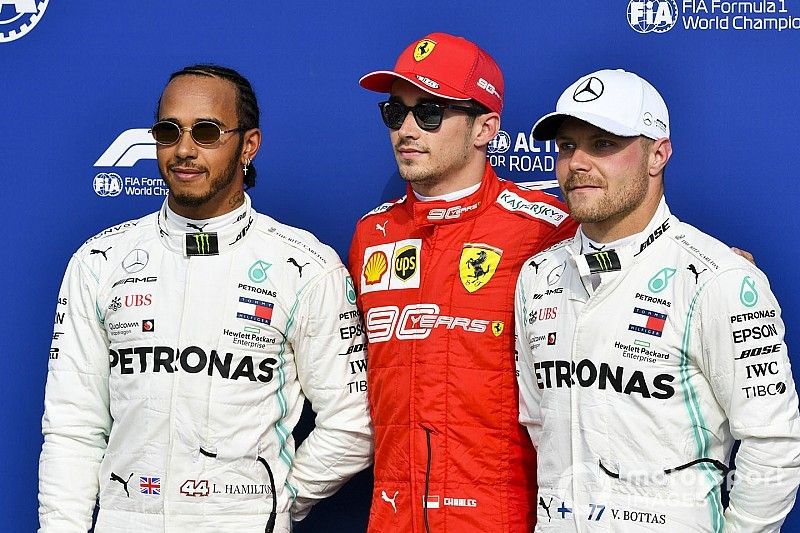 Lewis Hamilton, Mercedes AMG F1, Pole Sitter Charles Leclerc, Ferrari and Valtteri Bottas, Mercedes AMG F1 in Parc Ferme 