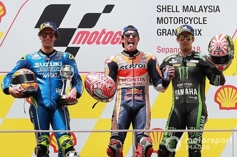 Podium : le vainqueur Marc Marquez, Repsol Honda Team, le deuxième, Alex Rins, Team Suzuki MotoGP, le troisième, Johann Zarco, Monster Yamaha Tech 3